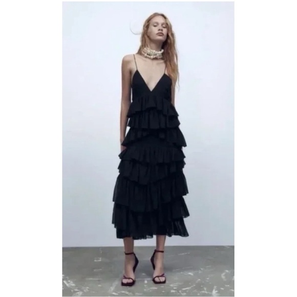 Zara Dresses & Skirts - ZARA NWT Women’s Black Strappy Tiered Ruffled Midi Dress Evening Holidays, Small